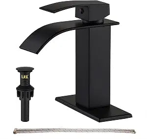 GENBONS Black Bathroom Faucet Waterfall Single Handle Bathroom Sink Faucet with Pop-up Drain, Bathroom Faucet One Hole or 3 Hole with Deck Plate