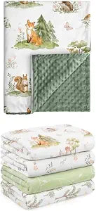 Baby Blanket and Muslin Swaddle Set, Super Soft Minky Dot Blanket and 4 Pack Cotton Swaddle Blankets with Woodland and Jungle Animal Prints for Newborn Boys and Girls