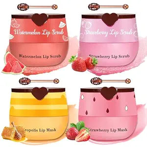 4PCS Lip Scrub and Mask Set,Strawberry and Honey Pot Lip Balm