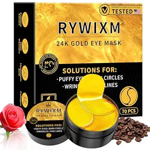 24K Gold Eye Masks for Dark Circles and Puffiness 70PCS, Under Eye Patches for Puffy Eyes Treatment, Under Eye Mask w/Caffeine, Hyaluronic Acid, Peptides for Eye Bags Treatment, Eye Mask Skincare