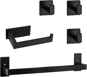 5 Pieces Self Adhesive Bathroom Hardware Set-SUS304 Stainless Steel-Towel Rack Set Include 16Towel Bar+Toilet Paper Holder+3 Towel/Robe Hooks Bathroom Accessory (Matte Black, 16 in)