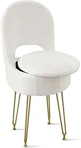 BRIAN & DANY Vanity Chair with Storage and Folding Back, Faux Fur Round Storage Chair, Vanity Stool Chair with 4 Metal Legs for Bedroom, Living Room and Makeup Stations, 13"x 13"x 17.7", White