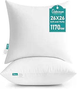 Oubonun 26 x 26 Throw Pillow Inserts - Soft, Plush & Decorative Down Alternative Pillows for Couch Sofa Bed, Machine Washable - White, Pack of 2