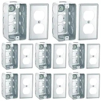 Copkim 8 Set 4 x 2 Inch Electrical Junction Box with Cover Square Plenum Box Galvanized Steel Metal Outlet Boxes, Ten 1/2'' Knockouts, 1-7/8" Deep, 13 Cu. in. Capacity (Duplex Receptacle Cover)