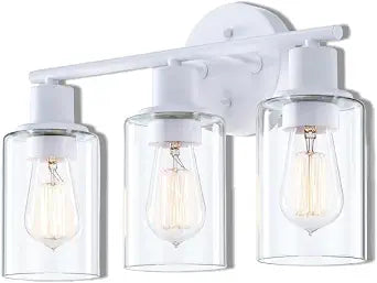 WISBEAM 3-Light Bathroom Vanity Wall Light, White Bathroom Light Fixtures Over Mirror with Clear Glass Shade Including E26 Medium Base, Bulb NOT Included