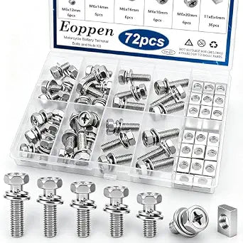 72Pcs Motorcycle Battery Terminal Bolts and Nuts Kit 304 Stainless Steel 5 Sizes M6x10/12/16/18/20mm Motorcycle Battery Bolts and Nuts for ATV Bike, Motorcycle, Scooter