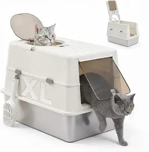 MUTTROS Stainless Steel Litter Box with Lid, XL Easy Clean Non-Sticky Metal Pan, High Sided Enclosed Box for Big Cats, Anti-Leakage, Includes Scoop (White)