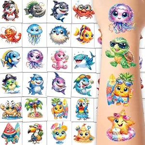 96 Pre-Cut Glitter Shark Temporary Tattoos for Kids, Ocean Animals