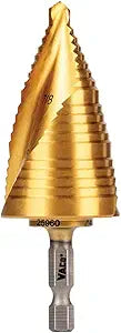 Klein Tools 25960 Step Drill Bit, 7/8 to 1-3/8-Inch, Spiral Double-Fluted, Cut Thin Metal, Plastic, Aluminum, Wood, 1/4-Inch Hex Shank, VACO