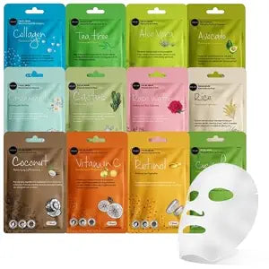 Celavi Korean Face Mask Sheet Set, Spa Masks, 12 Pack, Collagen Mix