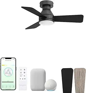 Aero 32in 3-Blade Smart Flush Mount Fan 2700K-6000K CCT Tunable Range LED Light Kit with Remote Control and Black Hardware with Reversible Blades Weathered Wood or Black Works With iOS or Android App