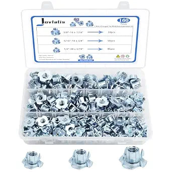 T Nuts 1/4"-20, 5/16"-18, 3/8"-16, Jovlalis 160 pcs Zinc Plated Steel T-Nut 4 Pronged Tee Blind Nuts Assortment Kit for Wood, Rock Climbing Holds, Cabinetry, Furniture