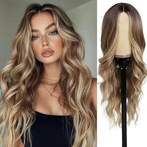 Ombre Dirty Blonde Wig for Women,26 Inch Wavy Nature Looking Wigs