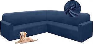 HDCAXKJ Corner Sectional Couch Covers Velvet Stretch L Shape Sofa Cover Soft Thick Sectional Slipcovers Set U Shaped Living Room Non Slip Magic Furniture Protector for Pet Dogs (Dark Blue, X-Large)