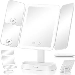 Lighted Makeup Mirror with 7X/5X/1X Magnification, Vanity Mirror with Lights, Trifold Led Makeup Mirror, 3 Lights Colors & Adjustable Brightness, 360 Rotation & Detachable Design for Travel Gift