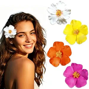 4Pcs Hawaiian Flower Hair Clips for Women, Plumeria Hibiscus Hairclip