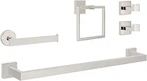 NearMoon 5 Pieces Bathroom Hardware Set 304 Stainless Steel, Square Towel Rack Kit - 24" Towel Rod + Towel Ring + Toilet Paper Holder + 2 Robe Hooks, Wall Mounted Bath Accessories (Chrome Finish)