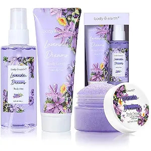 BODY & EARTH Body Mist Gift Set - Spa Gifts for Women, Perfume, Body Lotion, and Body Scrub in a Lavender Dreams Box- Perfect Birthday Gifts for Moms, and Special Occasions,Unique Gift Ideas for Her