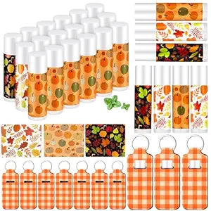 18 Sets Fall Maple Leaf Pumpkin Lip Balm and Holder Keychains Set