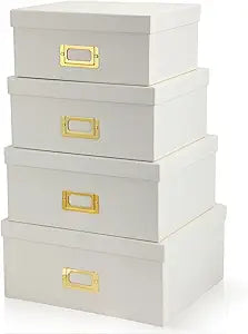 Eaasty Set of 4 Decorative Storage Boxes with Lids, Kraft Paper Boxes with Gold Label Holders, Decorative Photo Memory Keepsakes Storage, Cardboard Organizers for Home Decor, Office Organizing(White)
