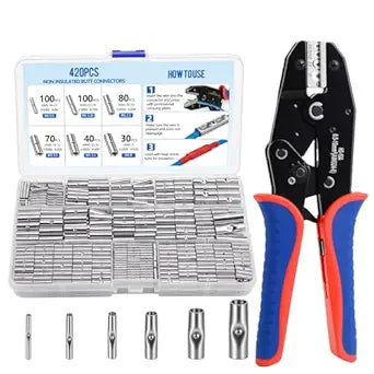 420PCS Non Insulated Butt Connectors Kit with Ratcheting Crimp Tool, Tinned Copper Wire Connectors, 24-8 AWG for Automotive, RV, Marine, Trailer Wiring