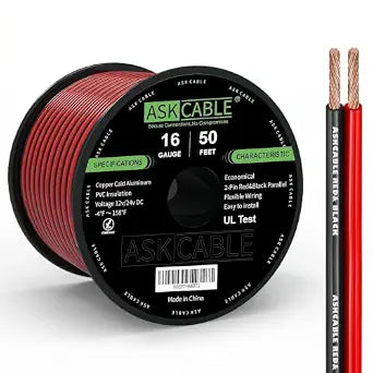 Askcable 16 Gauge Wire, 16 AWG Electrical Wire Cable, 2 Conductors Red Black Wire, Copper Clad Aluminum(CCA) Flexible PVC Extension Cord for Speaker, Hookup LED Strips, Automotive 12V/24V DC (50FT)