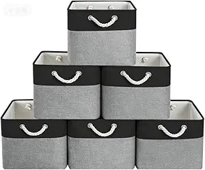 Collapsible Storage Bins, 6 Pack 11 x 11 Inch Foldable Fabric Cube Baskets with Cotton Rope Handles for Organizing Clothes, Toys, Books, Office, Closet (Black&Gray-11"x11"x11")