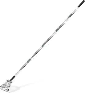 Amazon Basics Garden Rake, Leaf rake with 38.58" - 80.51" Adjustable Steel Handle, Gardening tools for Yard Work, Olive/Black/Silver