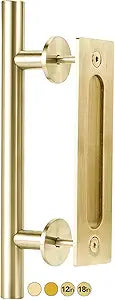 Rio Salto 12-Inch Brushed Brass Gold Barn Door Handle Kit, Closet Door Handle, Solid Aluminum Pull Handle and Flush Handle Set Heavy Duty Large Sliding Door Handles Hardware Included (1-Door Pack)