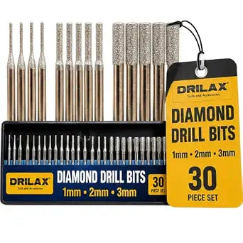 Drilax Diamond Drill Bits for Stone, Glass, Dremel 1-2-3mm 30-Pc 1/8 Shank