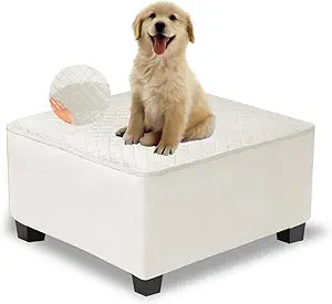 NeColorLife Waterproof Square Ottoman Cover,Thick Stretch Velvet Slipcover for Footstool,Non-Slip Soft Furniture Protector for Pets and Dogs,Beige,Large