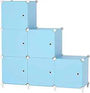 Cube Storage Organizer, 6-Cube Shelves Unit with Doors, DIY Stackable Plastic Clothes Organizer for Bedroom and Under Stairs Storage Unit, Each Compartment 30 x 30 x 30 cm Blue