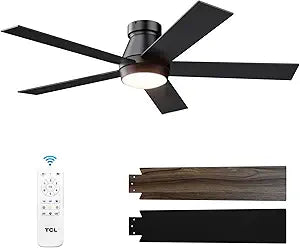 TCL 52" Ceiling Fan with Lights, Black Flush Mount Ceiling Fans with Remote Control, 6 Speeds DC Reversible, Dimmable, Noiseless, Low Profile Ceiling Fans for Bedroom