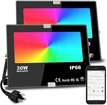 Led Flood Light 30W, 300W Equivalent 3000 LM Outdoor Color Changing Led Stage Landscape Lights, Bluetooth RGBW Smart Floodlights 2700K & 16 Million Colors&Timing& Music Sync, IP66US 3-Plug (2 Pack)