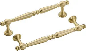 -5 Pack Solid Brass Kitchen Cabinet Pulls, 5 Inch Hole Distance Brushed Matt Gold Dresser Drawer Handles, Furniture Hardware for Cupboard Wardrobe Bifold Door