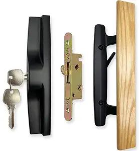 ALLYWASAI Sliding Patio Door Handle Set with Mortise Lock, Key Cylinder and Face Plate, Wood Handle Lock Set Fits Door Thickness from 1-1/2" to 1-3/4", 3-15/16" Screw Hole Spacing, White (Black)