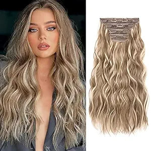 REECHO Hair Extensions, 4PCS Clip in Hair Extensions HE001 Natural Soft Synthetic Hairpieces for Women (20 Inch-200 Gram (Pack of 4), Dark Blonde with Light Blonde Highlights)