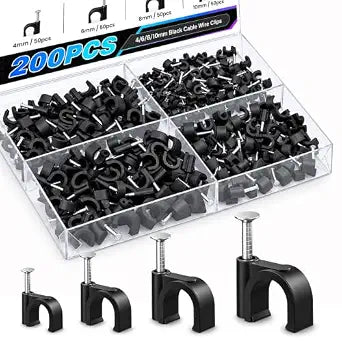 200 Pcs Cable Clips 4/6/8/10mm Nail in Cable Clips Cable Wire Clips Cable Tacks Coax Cable Speaker Wire Clips Cable Nails for Cords Wall Wire Clips RG6 RG59 CAT6 RJ45 Ethernet Cable Clips Black