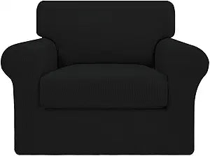 Easy-Going 2 Pieces Stretch Couch Cover Sofa Cover for Dogs Washable Sofa Slipcover for Separate Cushion Couch Spandex Jacquard Fabric Elastic Furniture Protector for Pets, Kids (Black, Chair)