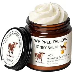Beef Tallow for Skin, 100% Grass-Fed Whipped Beef Tallow and Honey Balm, Moisturizer for Face & Body, Natural Formula with Organic Jojoba Oil, Shea Butter for Dry, Sensitive Skin, 4 Oz