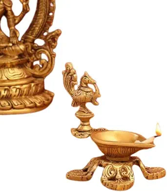Hastha Kalalu Majestic Brass Peacock Diya Lamp (5 Inch) - Traditional Indian Oil Lamp with Intricate Design for Puja, Festivals & Home Decor