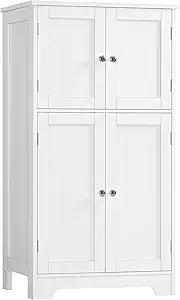 TEENFON Bathroom Floor Storage Cabinet, Freestanding Bathroom Storage Unit with 2 Adjustable Shelves & 4 Doors, White