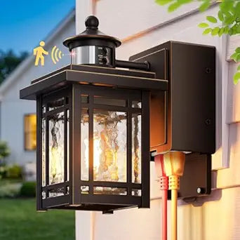 Gleamz Porch Light with Outlet, Anti-Rust Motion Sensor Outdoor Porch Lights, Oil-Rubbed Bronze Gold Trim Outdoor Light with Outlet, Waterproof 5 Modes Outside Garage Lights for House, Patio, Balcony