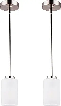 2 Pack Pendant Light Fixtures, Adjustable Brushed Nickel Hanging Ceiling Lights with White Frosted Glass Shades, House Indoor Light for Kitchen Island Bedroom