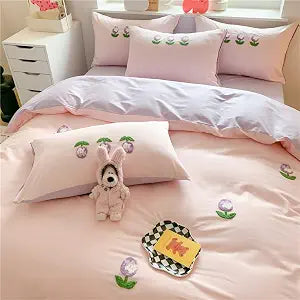 Queen Duvet Cover, Cotton 3Pcs Full Floral Bedding Sets, Pink Purple Cute Kawaii Tulip Flowers Comforter Cover, Chenille Embroidered Reversible Bed Set for Kids Teen Girls Cottagecore Decor