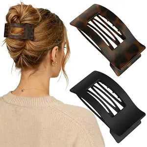 2 PCS Flat Hair Clips for Women - French Rectangle Large Flat Claw Clips for Thick Thin Hair, Comfortable Curved Lay Down Duckbill Clips, Matte Non-slip Strong Hold Hair Accessories, Tortoise & Black