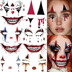 FANRUI 9 Sheets Evil Clown Face Temporary Tattoos Scary Bloody Mouth Tattoos Halloween Face Makeup Sticker, Realistic Fangs Bucktooth Fake Tattoos For Adult Halloween Costume Rave Party Favor Supplies