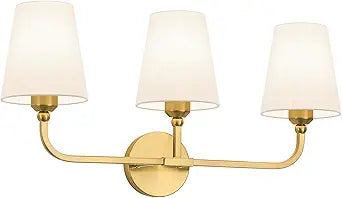 Bathroom Vanity Light, Brushed Gold Bathroom Light Fixtures, 3-Light Lighting Fixtures Over Mirror, Modern Wall Sconce with Flared White Fabric Shade, E26 Socket(ETL Listed)