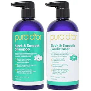PURA D'OR Sleek & Smooth Shampoo and Conditioner Set For Frizz-Free & Silky Smooth Hair, Infused with Organic Aloe Vera, Argan Oil, Castor Oil, Bergamot Oil & Geranium Oil