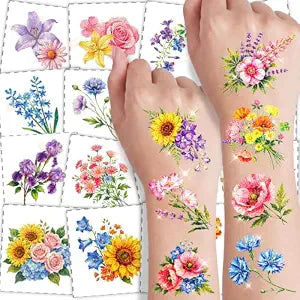 108Pcs Glitter Wildflower Temporary Tattoos for Girls Women